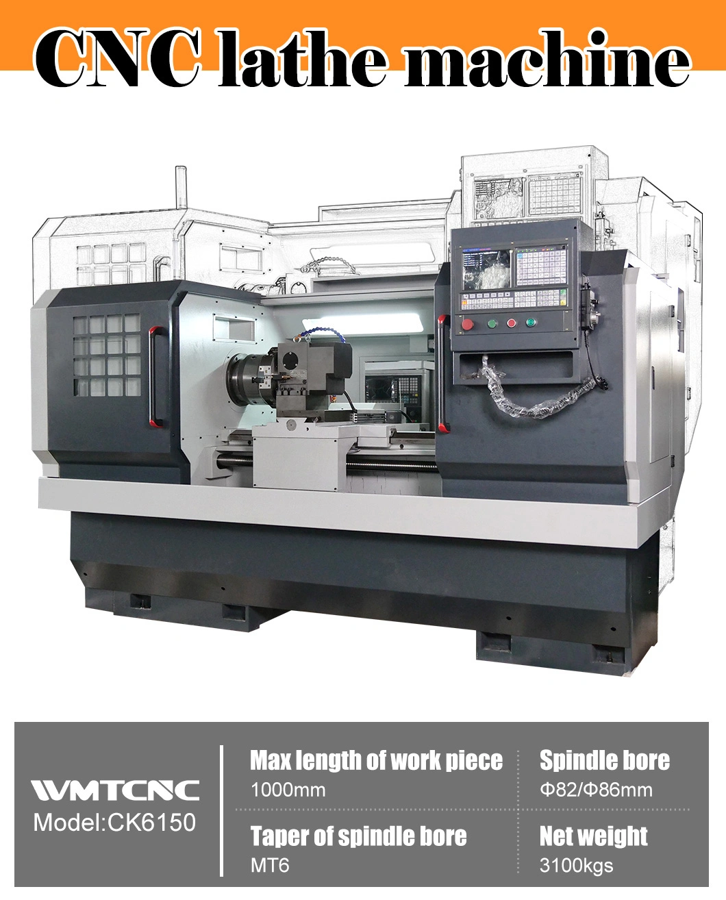 WMTCNC 1000mm CK6150 High Precision CNC Horizontal Bench Lathe Machine